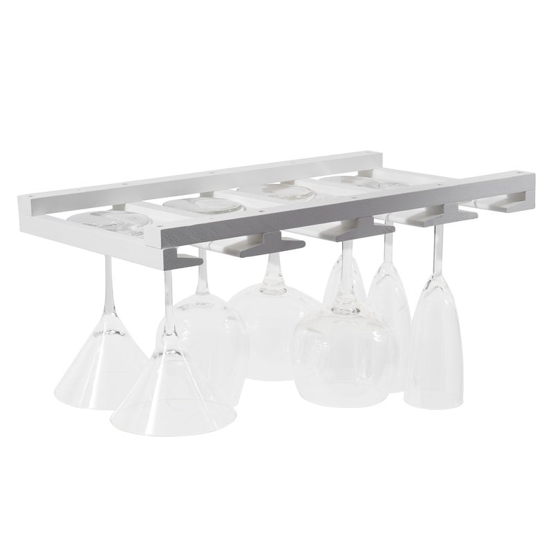 Rustic State Eze 4 Sectional Under Cabinet Mount Wood Stemware Rack Hanging Shelf Glassware Holder Bar Organizer with up to 12 Wine Glass Storage 10 Inch Deep White - Image 1
